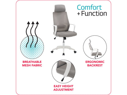 Ergonomic high back office chair in grey fabric with adjustable armrests, lumbar support, and swivel base.