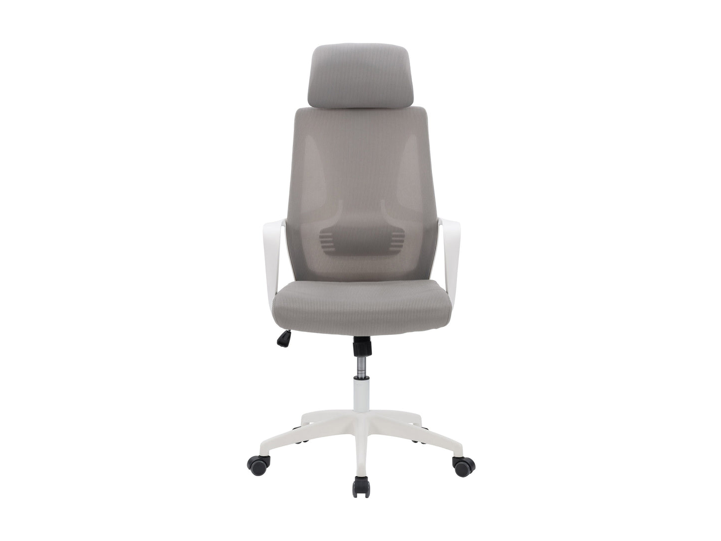 Grey high back office chair with ergonomic design, adjustable height, and cushioned armrests for comfortable office seating.