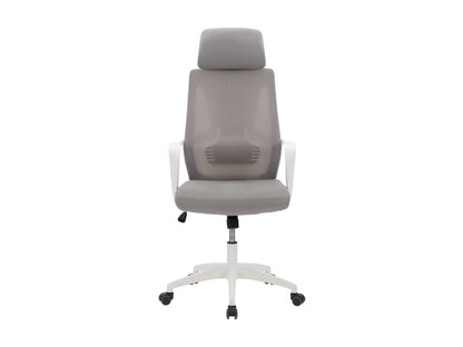 Grey high back office chair with ergonomic design, adjustable height, and cushioned armrests for comfortable office seating.