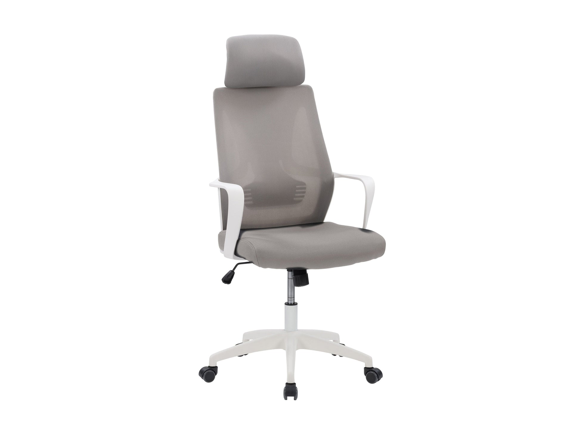 High back grey office chair with ergonomic design, adjustable height, and padded armrests.