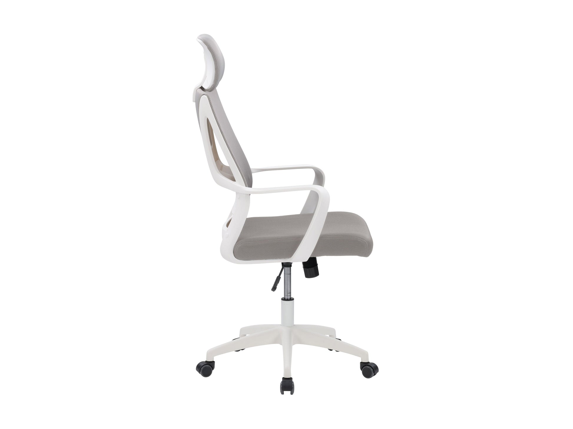 High back grey office chair with ergonomic design, adjustable height, and padded armrests.