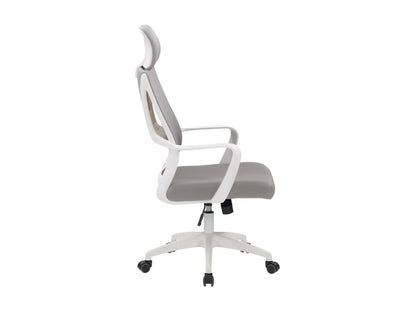 High back grey office chair with ergonomic design, adjustable height, and cushioned seat.