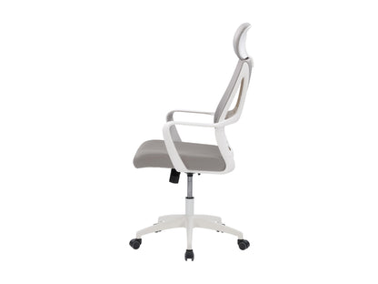 Ergonomic high back grey office chair with adjustable armrests, mesh back, and cushioned seat for comfort and support.