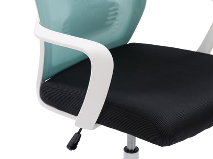 Teal and black high back office chair with ergonomic design, adjustable height, and lumbar support.