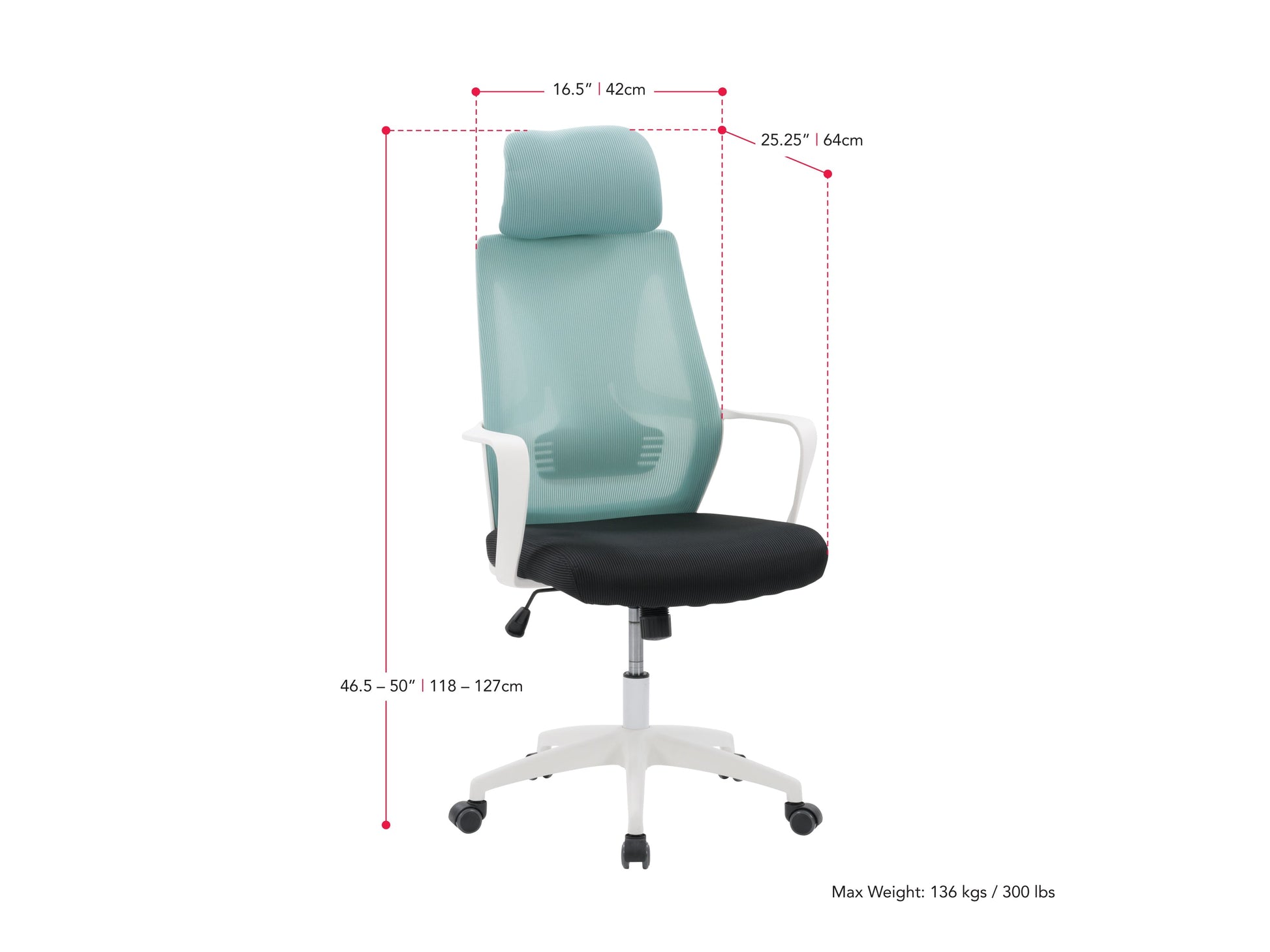 Teal and black high back office chair with ergonomic design, adjustable height, and padded armrests.