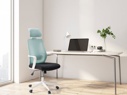 Teal and black high back office chair with ergonomic design, adjustable armrests, and breathable mesh fabric.