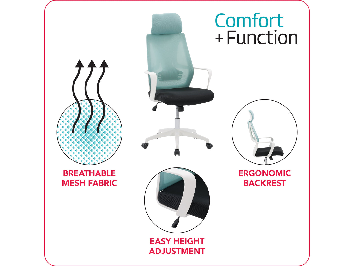 Teal and black high back office chair with ergonomic design, adjustable height, and mesh back support.