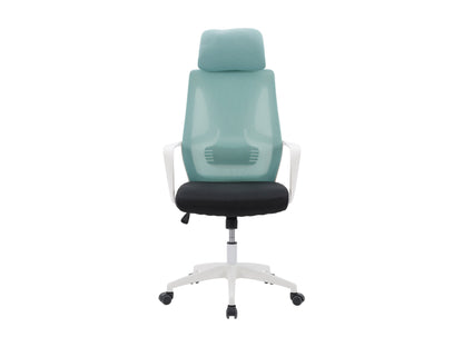 Teal and black high back office chair with adjustable armrests, ergonomic design, and breathable mesh back.