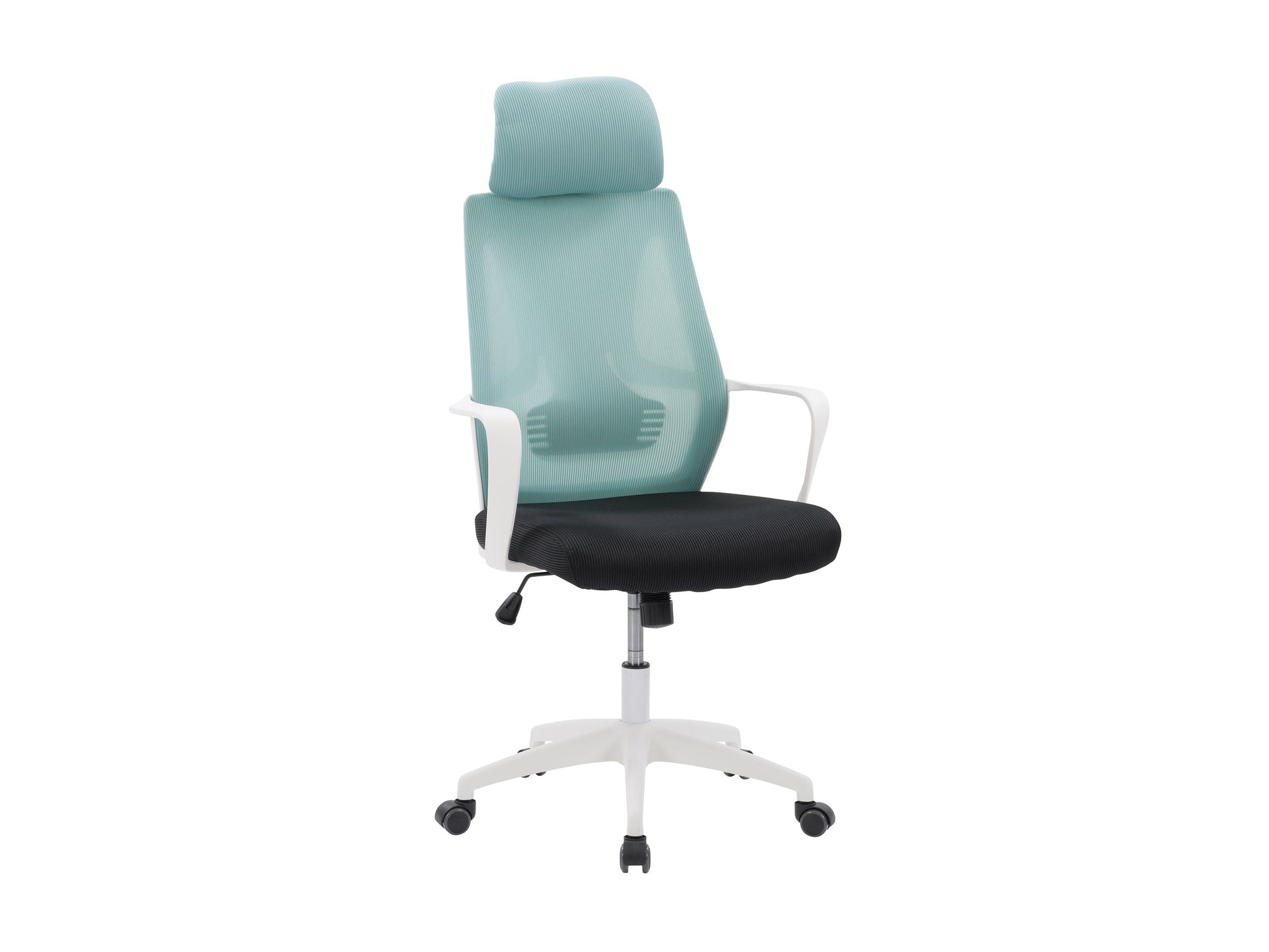 Teal and black high back office chair with ergonomic design, mesh backrest, and adjustable armrests.