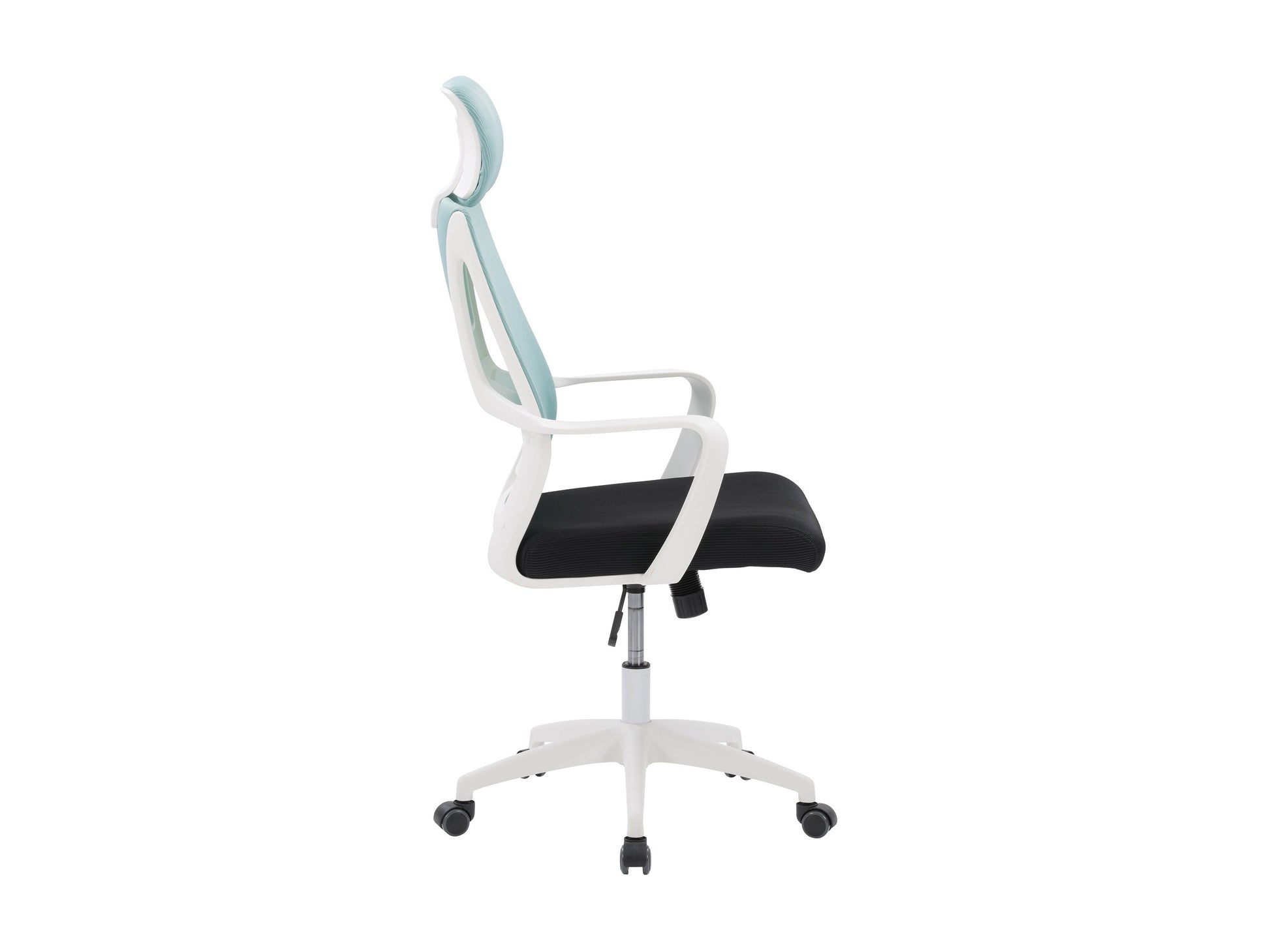 Teal and black high back office chair with ergonomic design, adjustable armrests, and cushioned seat for comfort.