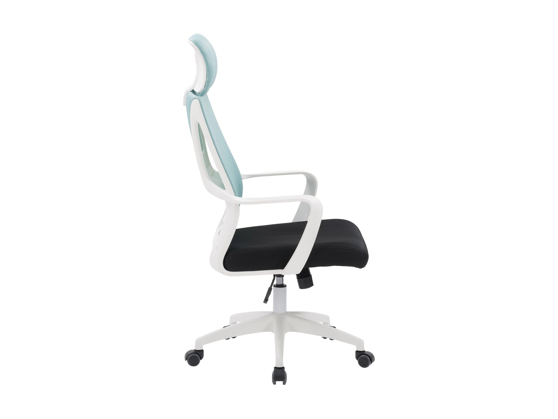 Teal and black high back office chair with ergonomic design, adjustable height, and padded armrests.