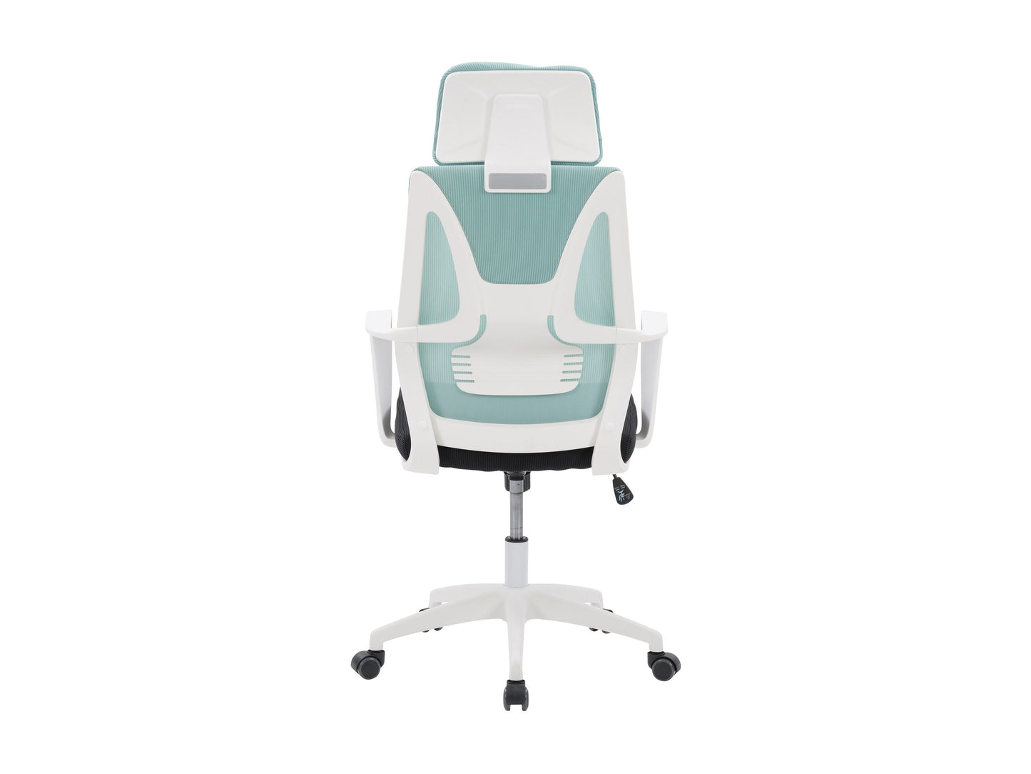 Teal and black high back office chair with ergonomic design, adjustable height, and cushioned seat for modern workspaces.