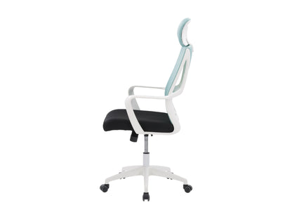 Teal and black high back office chair with ergonomic design, adjustable height, and lumbar support.