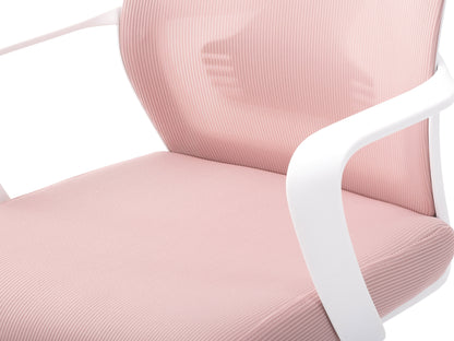 Pink high back office chair with ergonomic design, adjustable height, and cushioned seat for comfort.