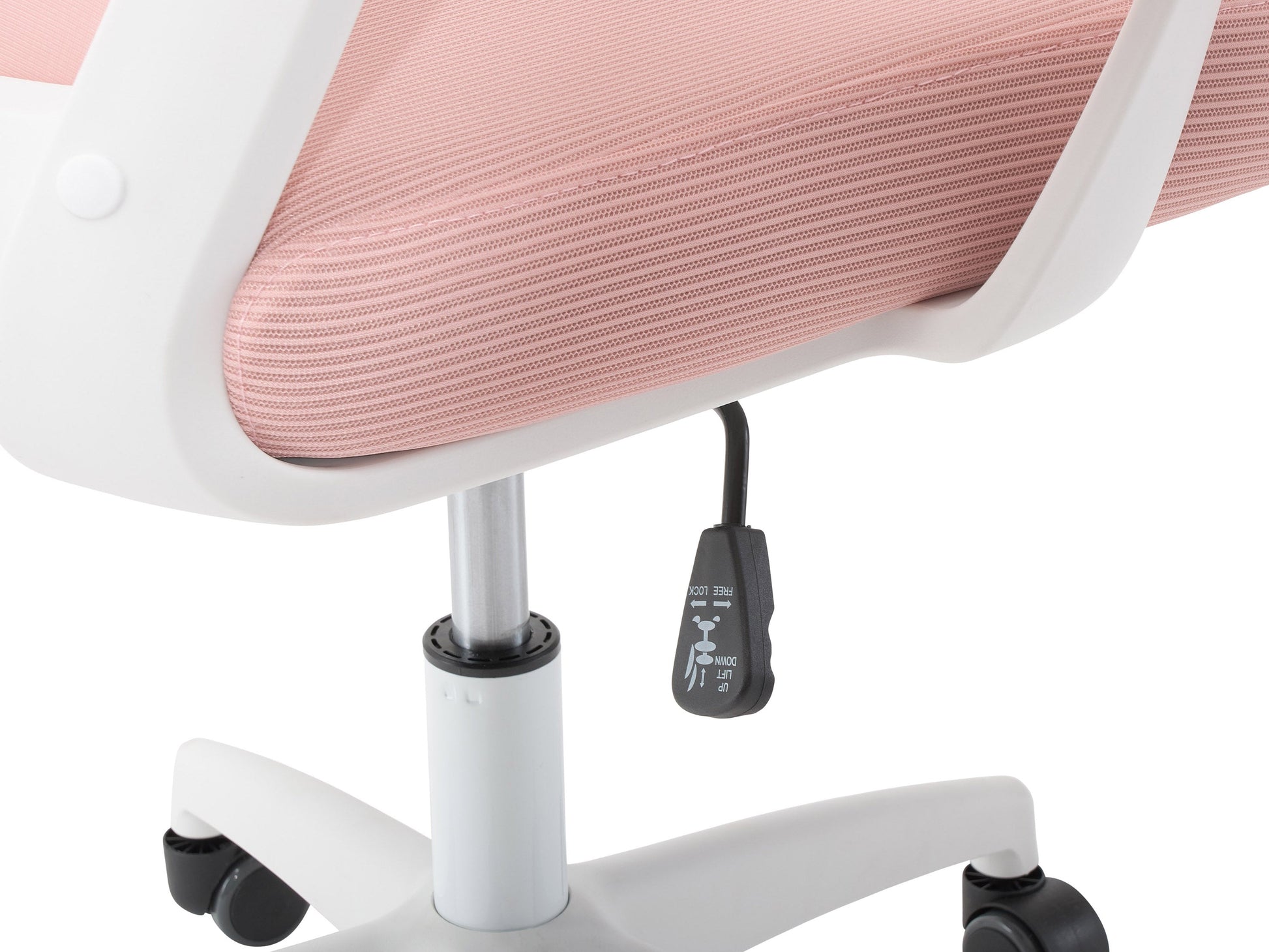 Pink high back office chair with ergonomic design, adjustable armrests, and cushioned seat for home or office use.