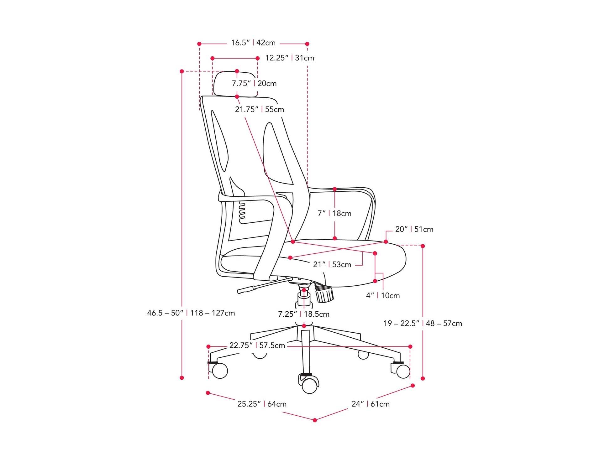 Pink high back office chair with adjustable armrests, ergonomic design, and cushioned seat for home or office use.