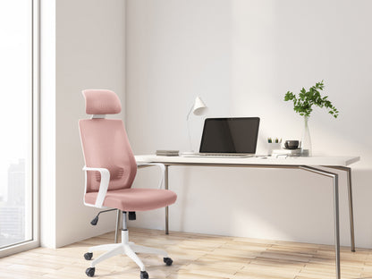 Pink high back office chair with ergonomic design, adjustable height, and padded armrests for home or office use.