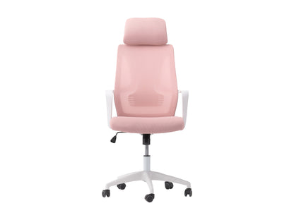 Pink high back office chair with ergonomic design, adjustable features, and sturdy black base.