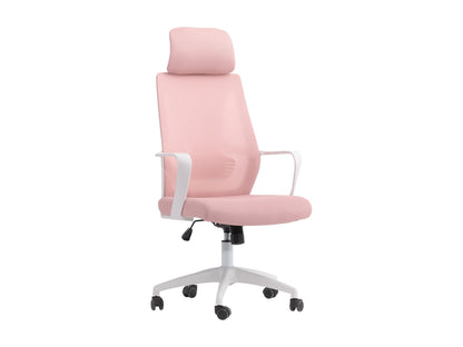 Pink high back office chair with ergonomic design, cushioned seat, and adjustable height for modern home office.