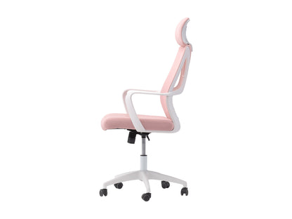 Pink high back office chair with ergonomic design, adjustable height, and cushioned seat for home or office use.