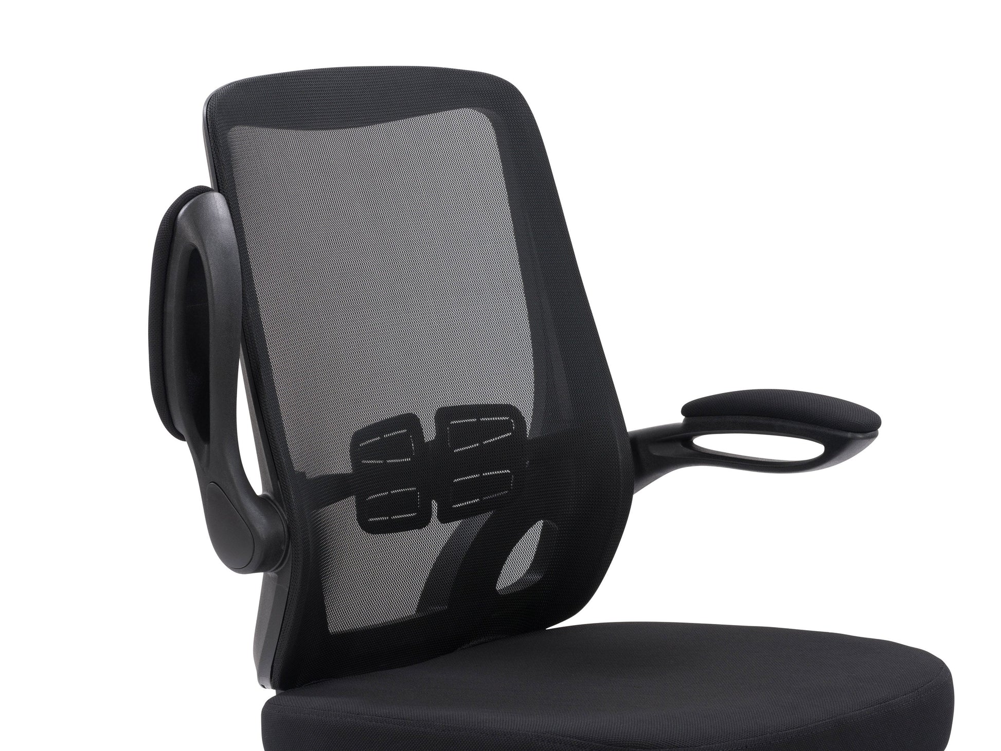 Black mesh office chair with ergonomic design, adjustable height, and lumbar support for comfortable office seating.