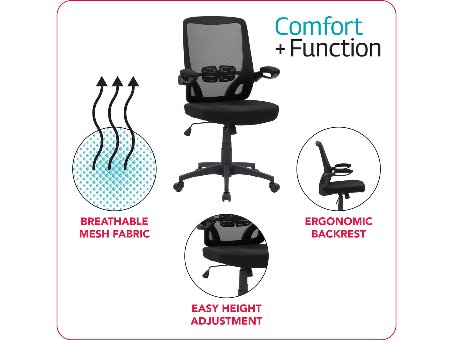 Black mesh office chair with ergonomic design, adjustable height, and lumbar support for modern office settings.