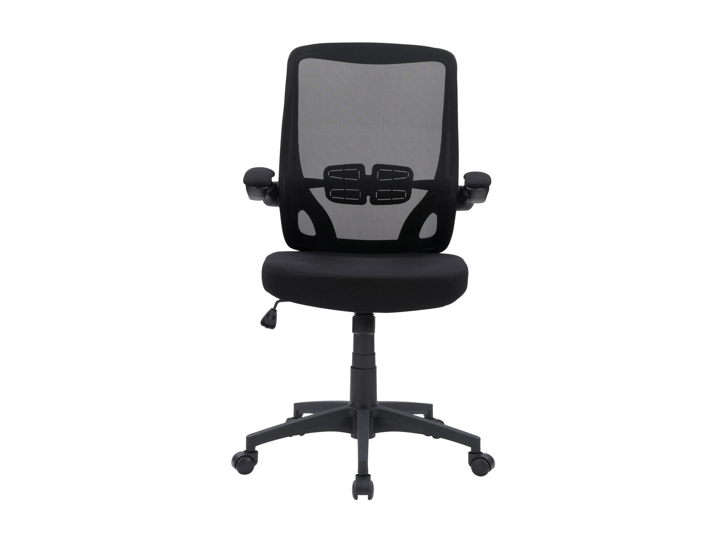 Ergonomic black mesh office chair with adjustable armrests and lumbar support.