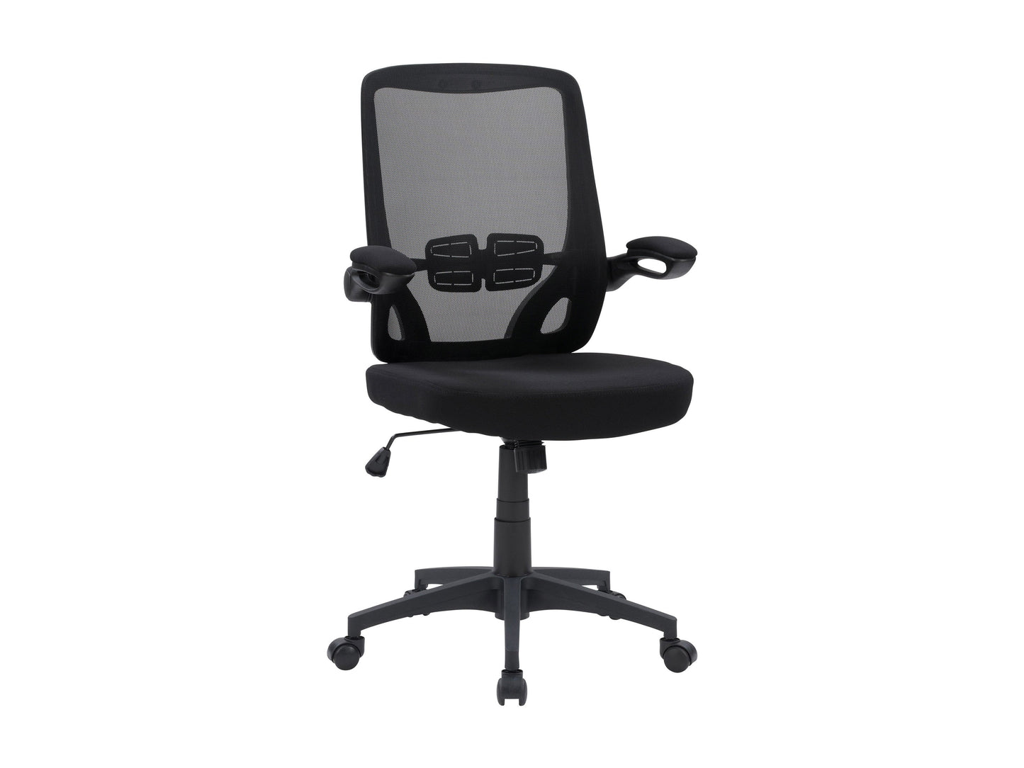 Black mesh office chair with ergonomic design, adjustable height, and lumbar support for comfortable office seating.