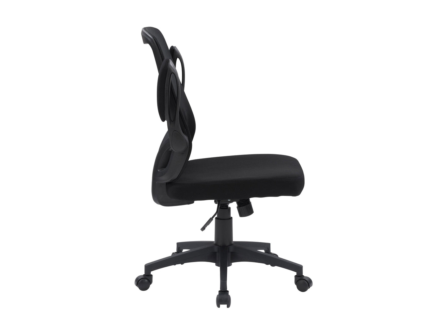 Black mesh office chair with ergonomic design, adjustable armrests, and lumbar support for comfortable office seating.