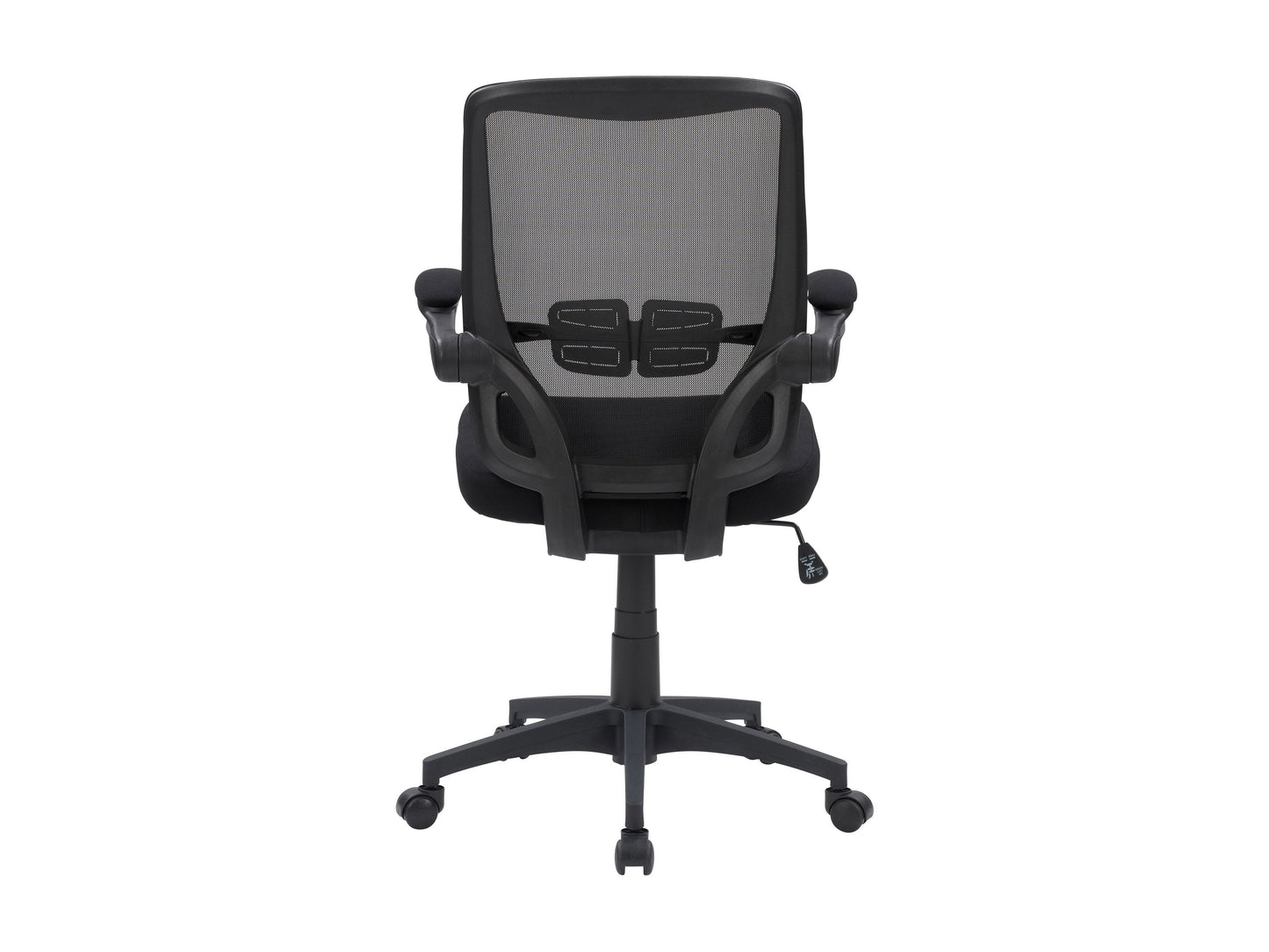 Black mesh office chair with ergonomic design, adjustable height, and lumbar support for comfortable office seating.