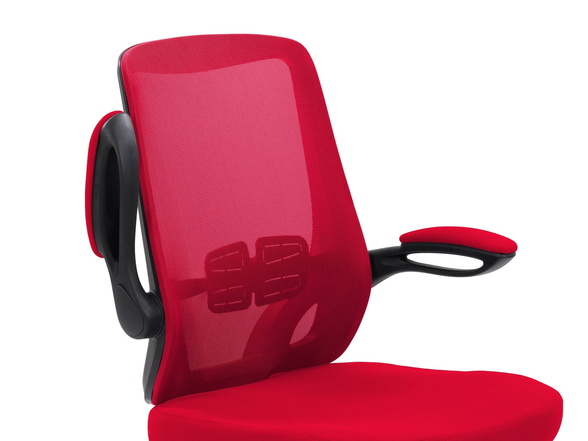 Red mesh office chair with ergonomic design, adjustable height, and lumbar support.