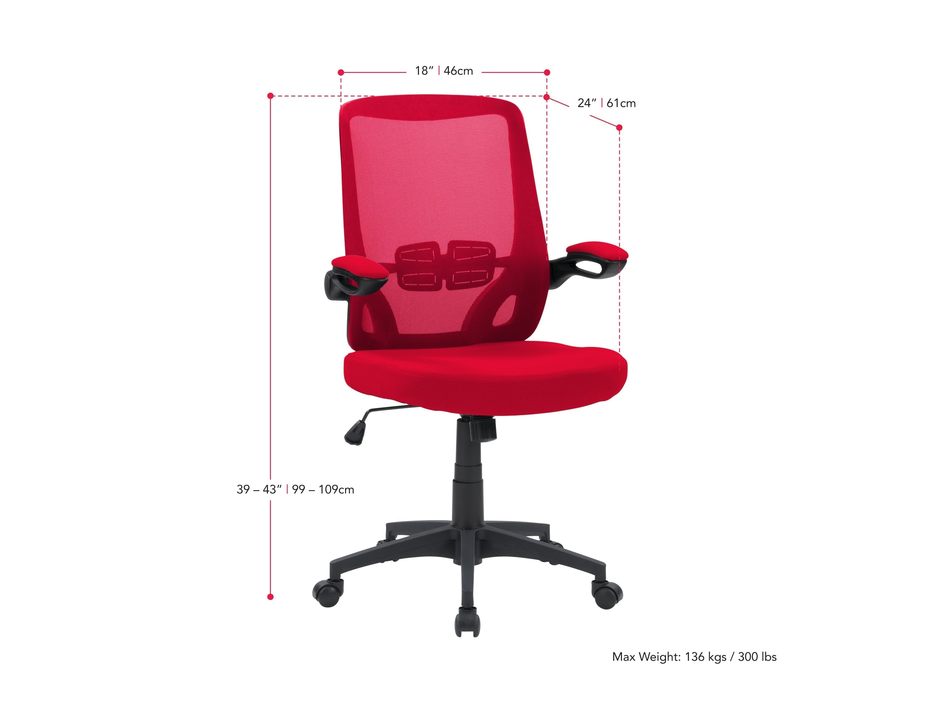 Red mesh office chair with adjustable height, ergonomic design, and black armrests.