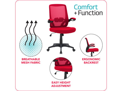 Red mesh office chair with ergonomic design, adjustable height, and lumbar support for comfortable seating.