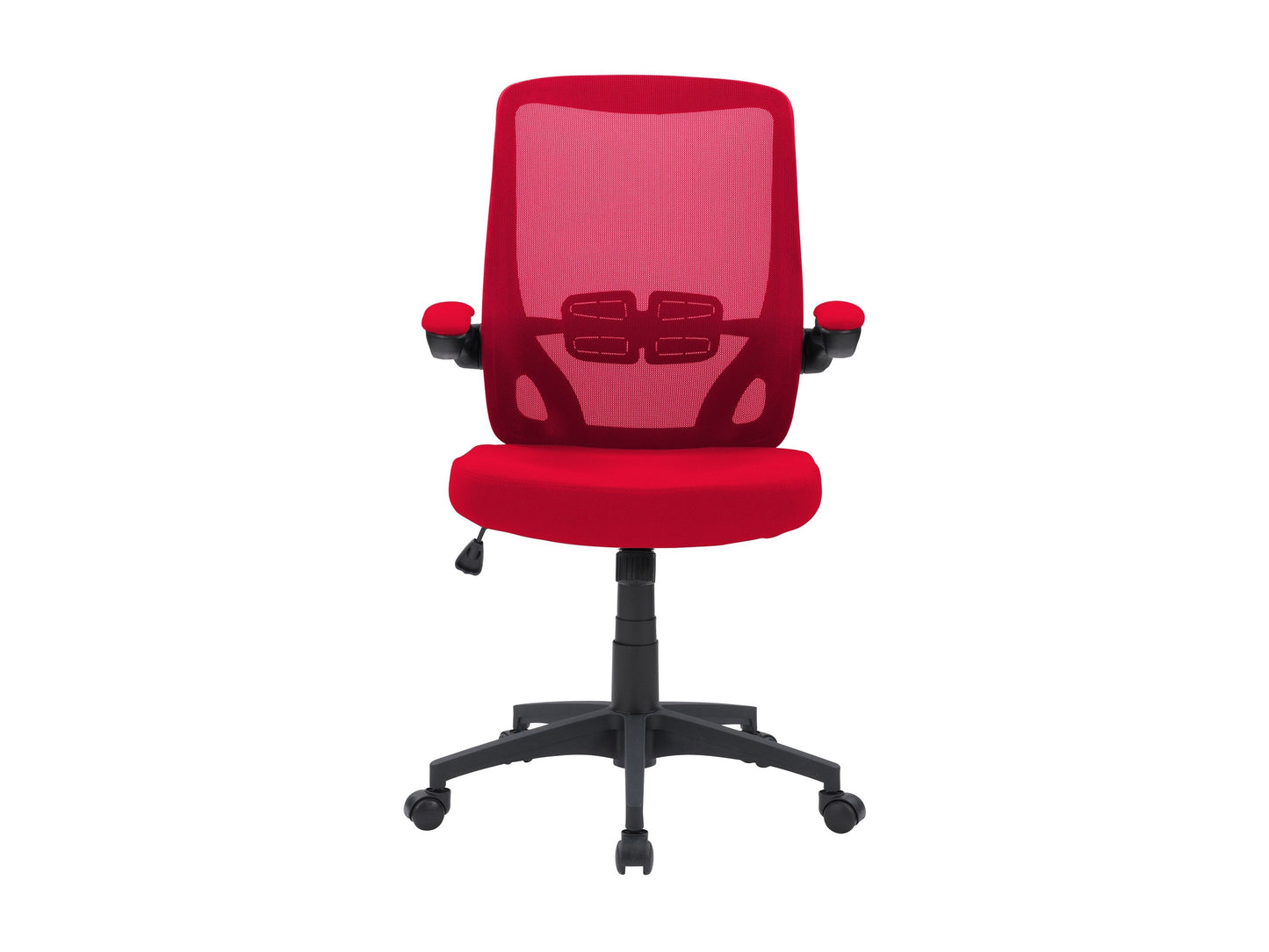 Red mesh office chair with ergonomic design, adjustable height, and lumbar support for comfortable office seating.