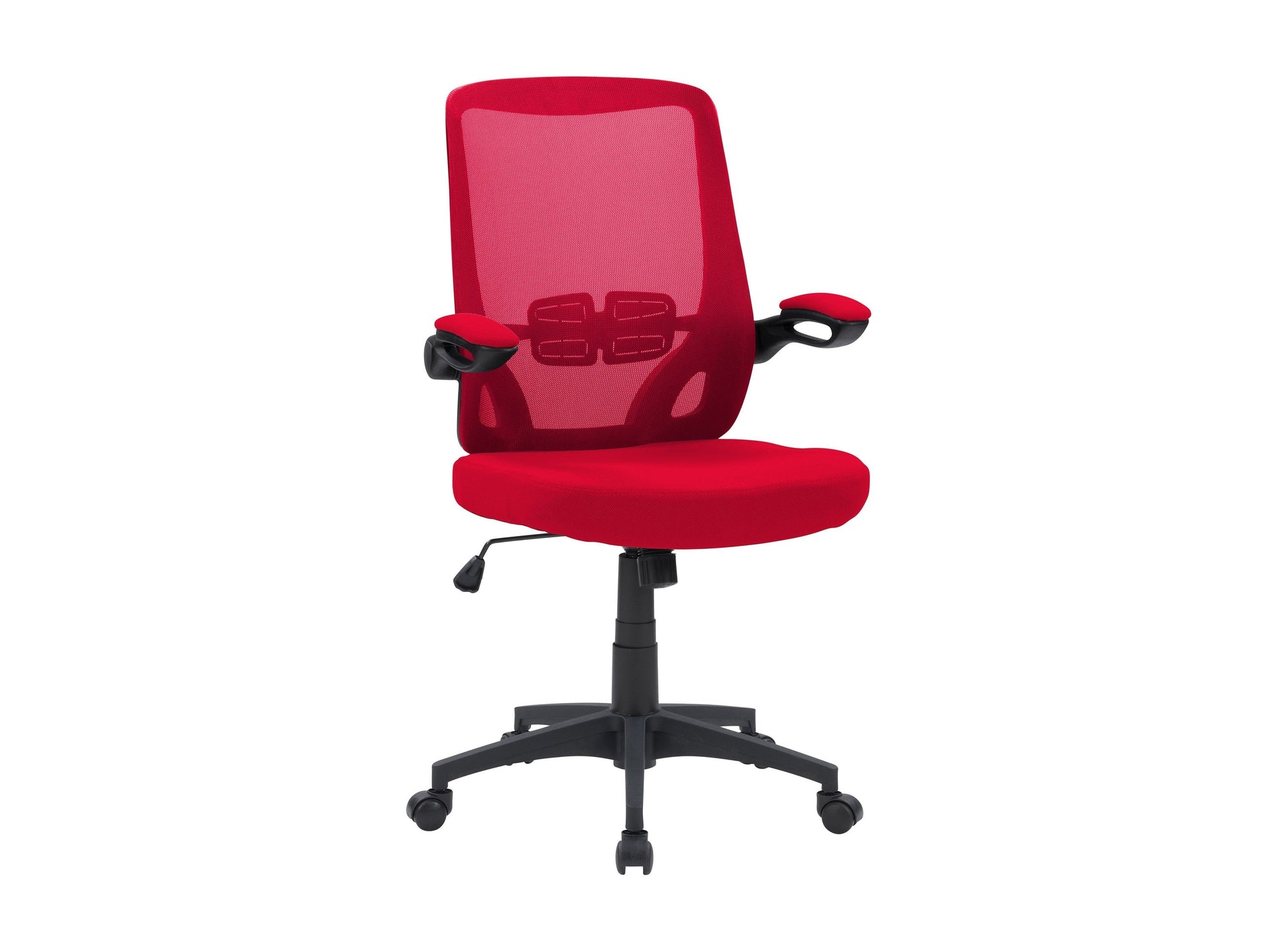 Red mesh office chair with ergonomic design, adjustable height, and lumbar support for a comfortable workspace.