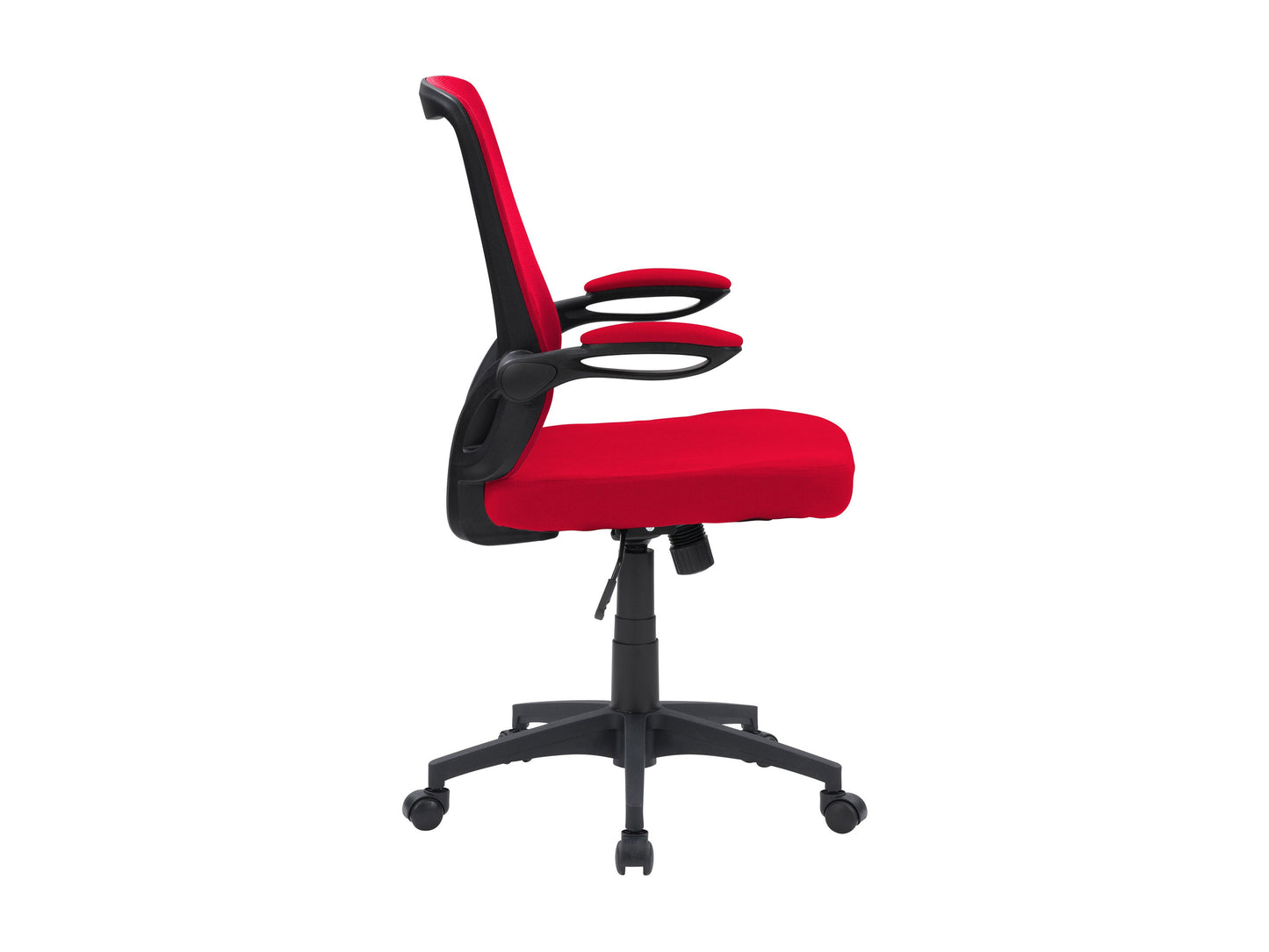 Red mesh office chair with ergonomic design, adjustable armrests, and lumbar support for comfortable office seating.