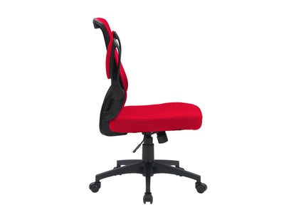 Red mesh office chair with adjustable height, ergonomic design, and black armrests.