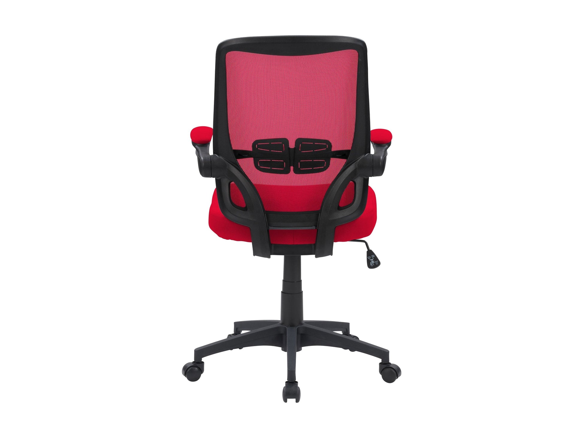 Red mesh office chair with ergonomic design, adjustable height, and lumbar support for comfortable office seating.