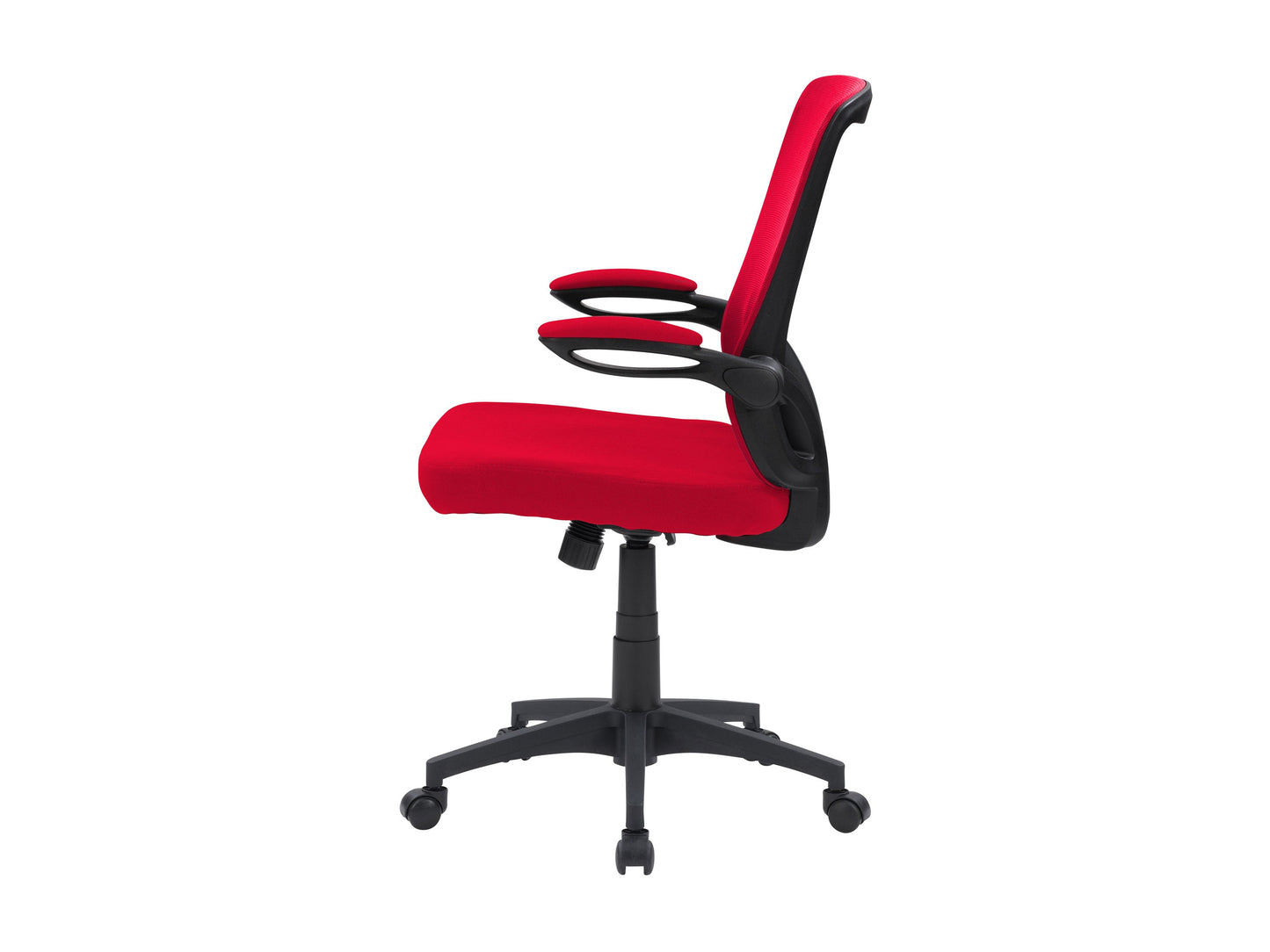 Red mesh office chair with ergonomic design, adjustable height, and black base.