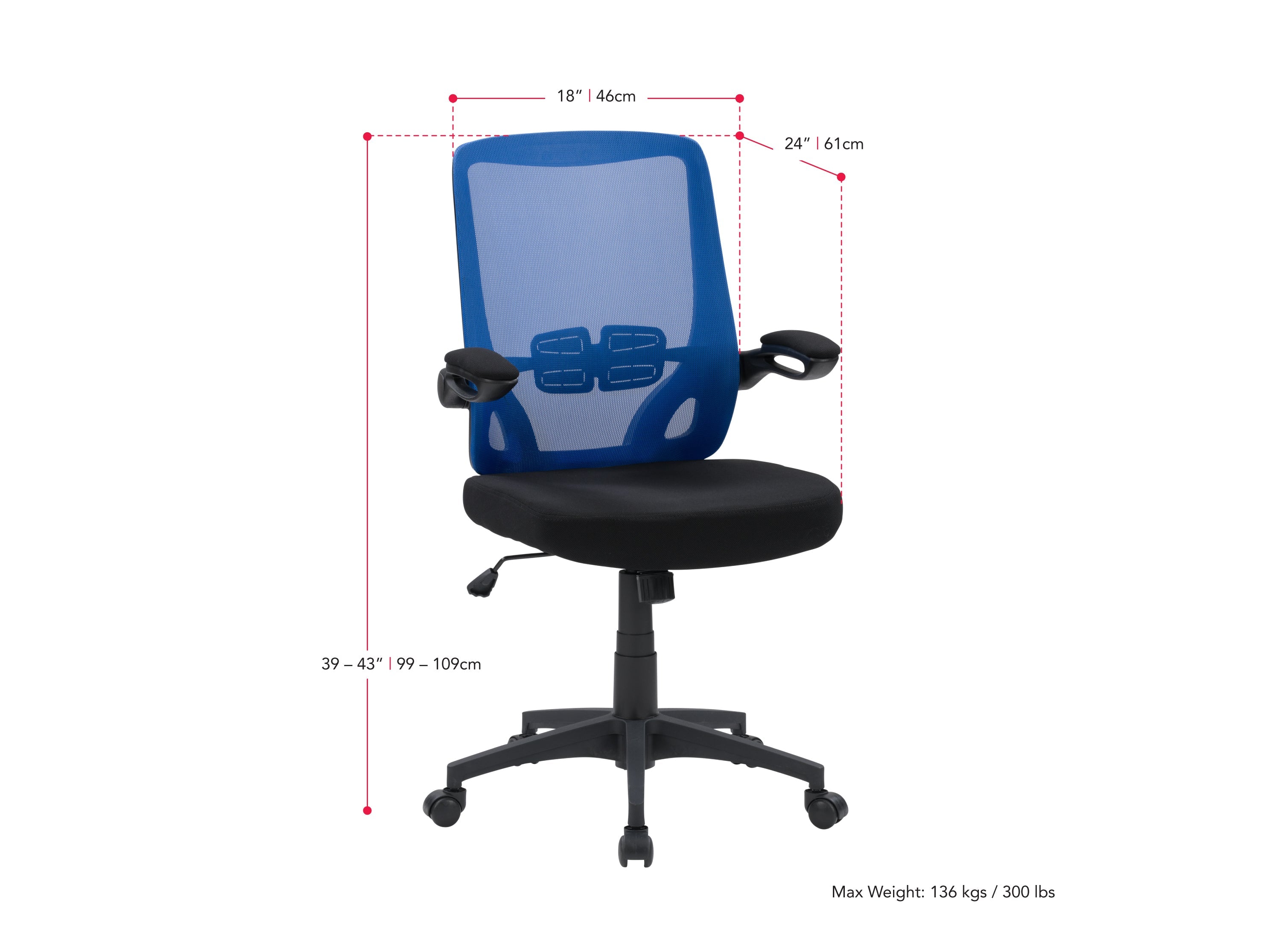 Blue mesh office chair with ergonomic design, adjustable height, and lumbar support.