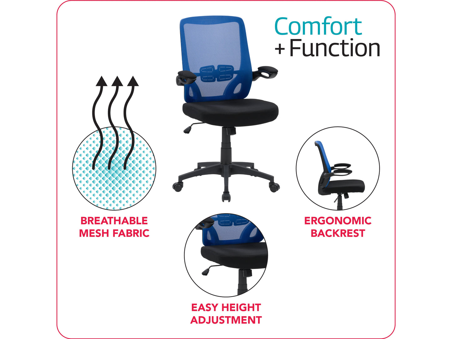 Blue mesh office chair with ergonomic design, adjustable height, and lumbar support for comfortable office seating.