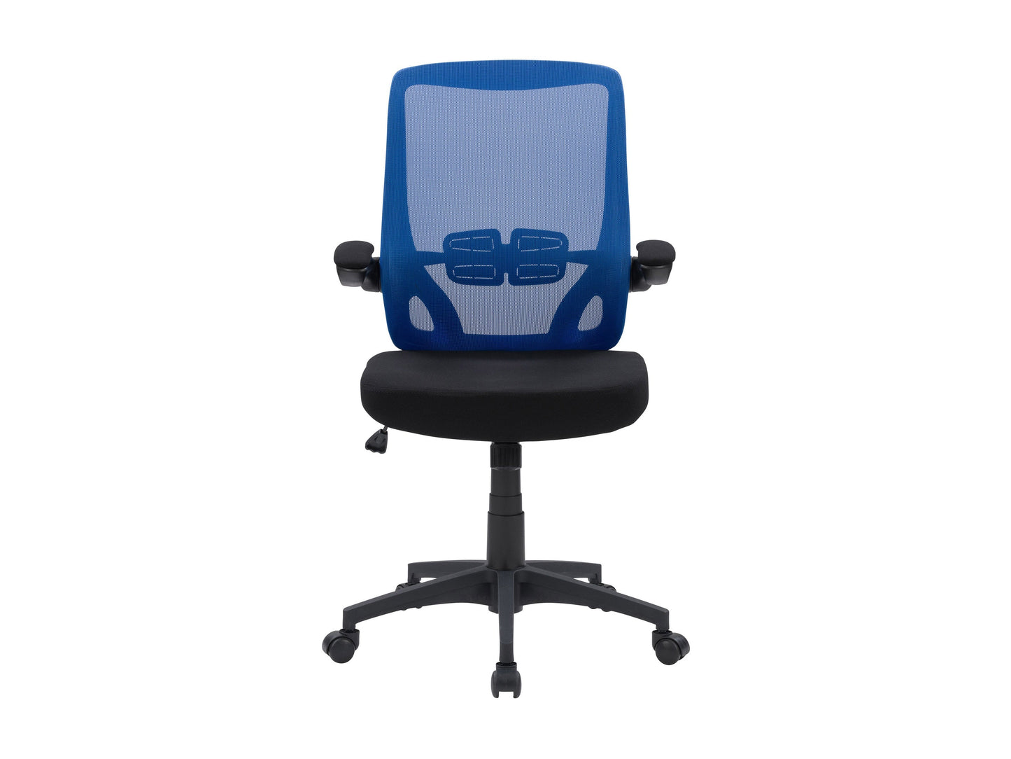 Blue mesh office chair with ergonomic design, adjustable armrests, and lumbar support for comfortable office seating.