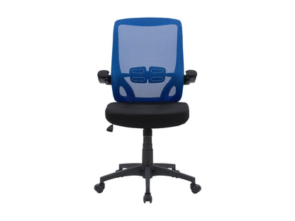 Blue mesh office chair with ergonomic design, adjustable armrests, and lumbar support for comfortable office seating.