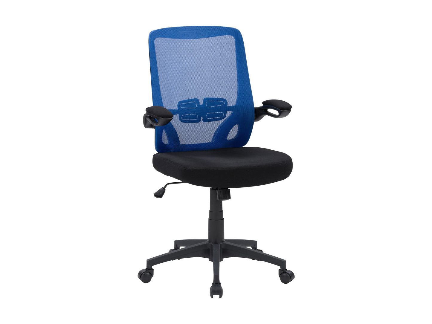 Blue mesh office chair with ergonomic design, adjustable armrests, and lumbar support for comfortable seating.