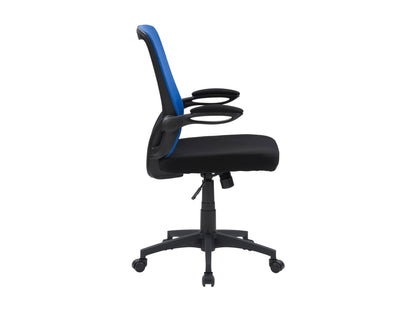 Blue mesh office chair with ergonomic design, adjustable height, and lumbar support on a five-wheel base.