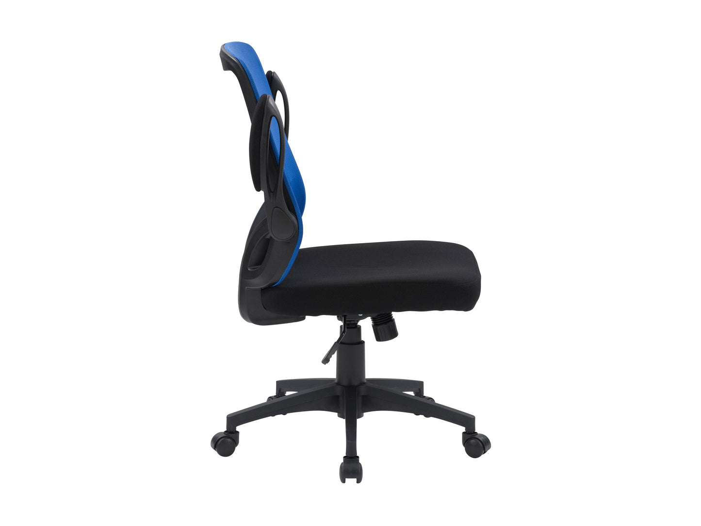 Blue mesh office chair with ergonomic design, adjustable armrests, and lumbar support.