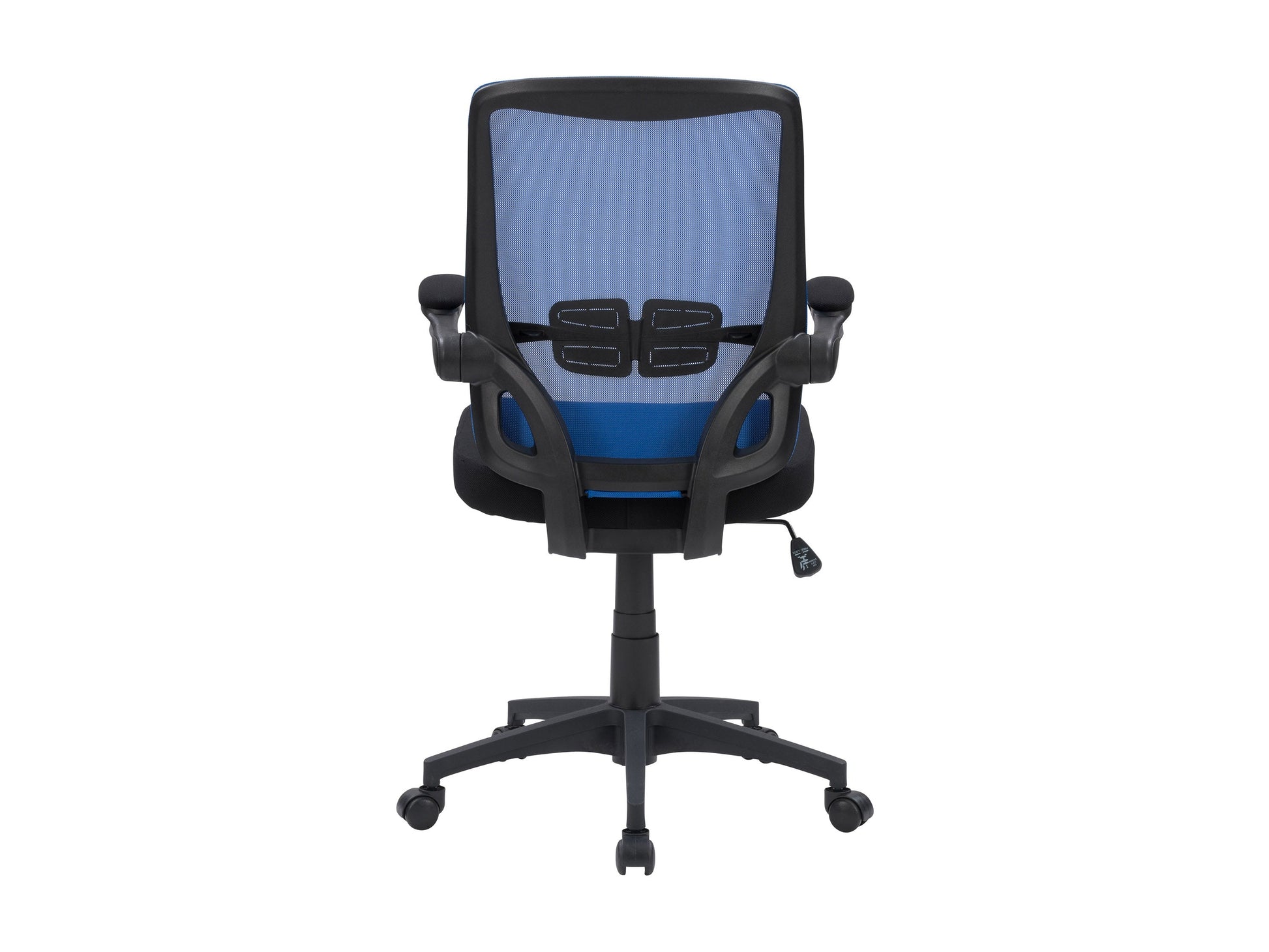 Blue mesh office chair with ergonomic design, adjustable height, and lumbar support.