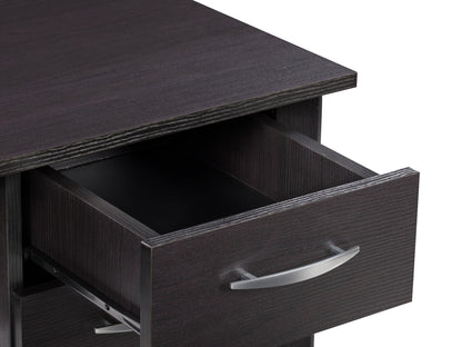 Black desk with drawers, sleek design, metal legs, and smooth finish for home office or study.