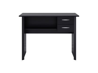 Black wooden desk with drawers, sleek modern design, and ample storage space for home office or workspace.