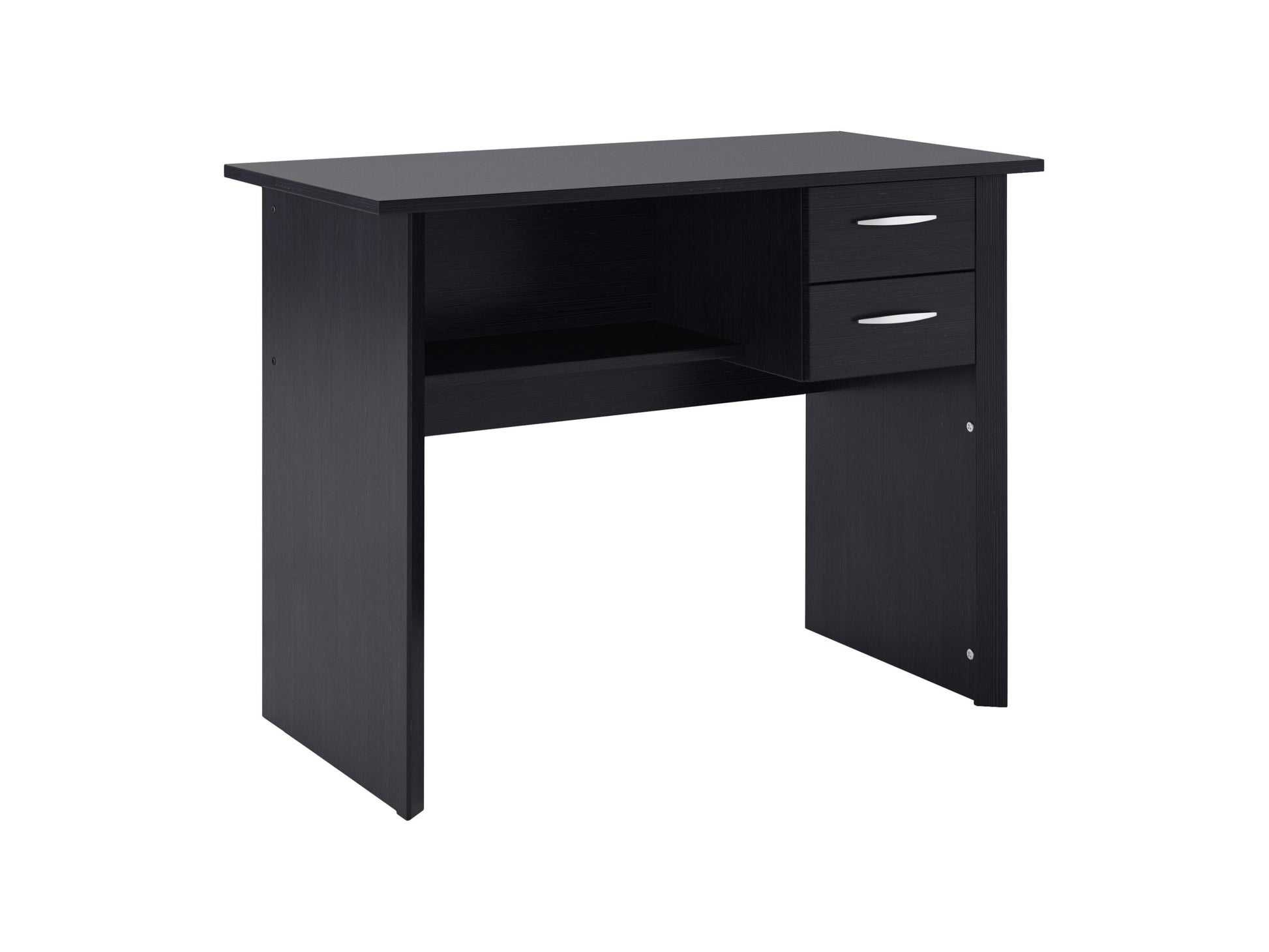 Black desk with drawers, sleek design, minimalist style, sturdy build, perfect for home office or study.